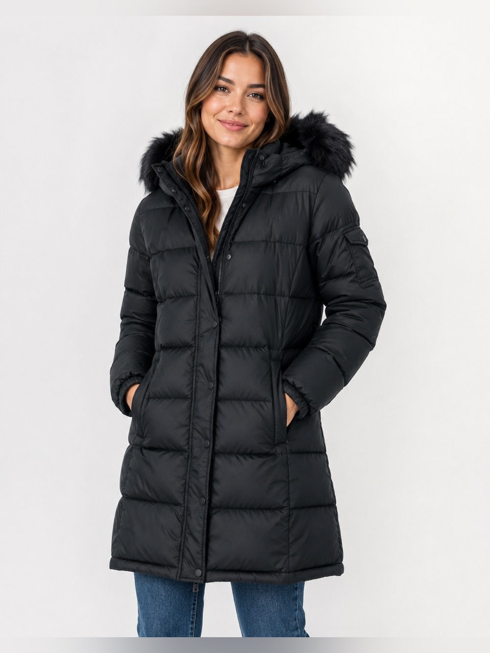 Calvin Klein Black Long Faux Fur Hooded Puffer Coat